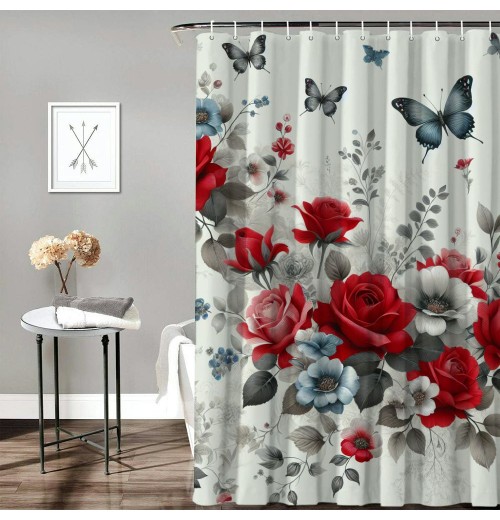 Shangniulu Red Rose Shower Curtain Retro Rose Floral Decorative Bath Curtain Polyester Fabric Waterproof Bathroom Curtain with Hooks