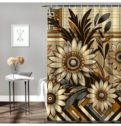 Shangniulu Shower Curtain, Flowers Zigzags with Mid Century Modern Boho Influences,  Fabric Bathroom Decor Set with 