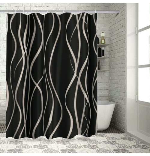 Shangniulu Black and Brown Striped Wavy Line Fabric Shower Curtain for Bathroom , Shower Curtains for Bathroom , Weighted Hem,Waterproof Bath Accessories Hotel Style