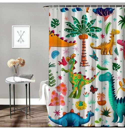 Shangniulu Cartoon Dinosaur Shower Curtain Colorful Animals Plants for Boys Girls Polyester Fabric Waterproof Shower Curtain Sets Machine Washable Decor Bath Curtain