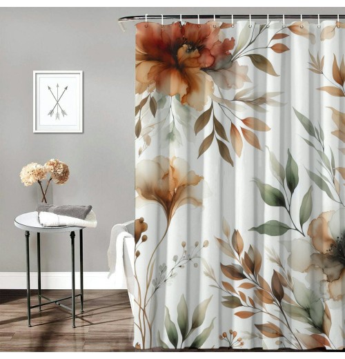 Shangniulu Orange Eucalyptus Shower Curtain, Fall Watercolor Plant Leaves with Bathroom Shower Curtain Set with Hooks