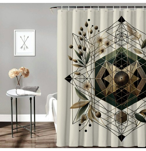 Shangniulu Eucalyptus Leaves Shower Curtain, Art Deco Inspired Geometric Rhombus Ornament Botanical Look,  Fabric Bathroom Decor Set with Hooks