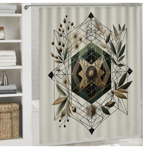 Shangniulu Eucalyptus Leaves Shower Curtain, Art Deco Inspired Geometric Rhombus Ornament Botanical Look,  Fabric Bathroom Decor Set with Hooks