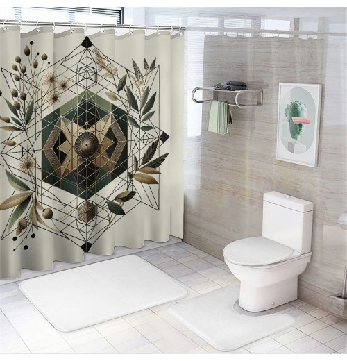 Shangniulu Eucalyptus Leaves Shower Curtain, Art Deco Inspired Geometric Rhombus Ornament Botanical Look,  Fabric Bathroom Decor Set with Hooks