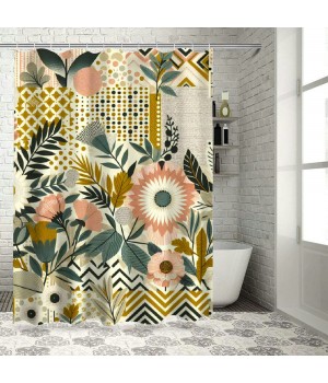 Shangniulu Shower Curtain, Springtime Treasured Flowers and Zigzags Boho Nordic,  Fabric Bathroom Decor Set with Hooks