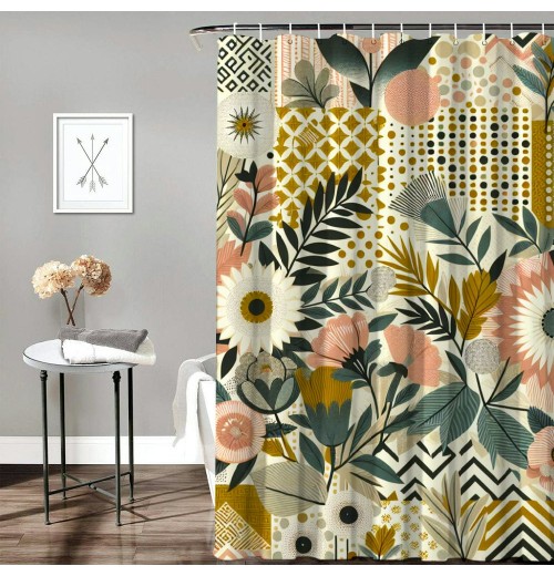 Shangniulu Shower Curtain, Springtime Treasured Flowers and Zigzags Boho Nordic,  Fabric Bathroom Decor Set with Hooks