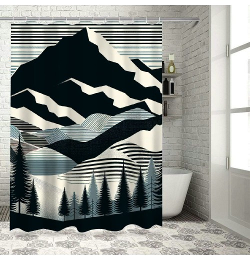 Shangniulu Striped Shower Curtain, Boho Mountain Scenery with Woods and Line Details,  Fabric Bathroom Decor Set with Hooks