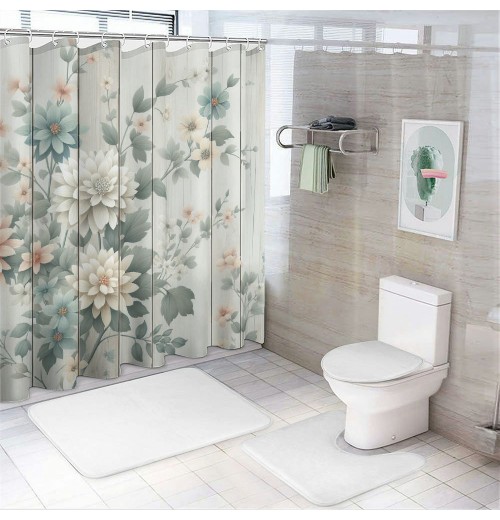 Shangniulu Pink Shower Curtain, Modern Farmhouse Themed Tender Flowering Scene on Rustic Backdrop Realist Look,  Fabric Bathroom Decor Set with Hooks