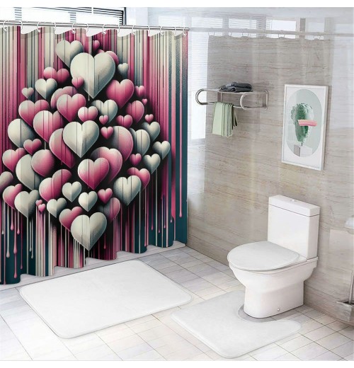 Shangniulu Pink Shower Curtain, Futurist Love Concept Grunge Design Hearts with Faded Effect Lines Print Graffiti,  Fabric Bathroom Decor Set with Hooks