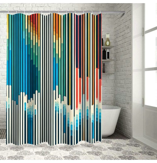 Shangniulu Abstract Shower Curtain, Vibrant Colored Stripes Vertical Pattern Funky a Modern Tile Illustration,  Fabric Home Bathroom Art for Bath Decor Set with Hooks