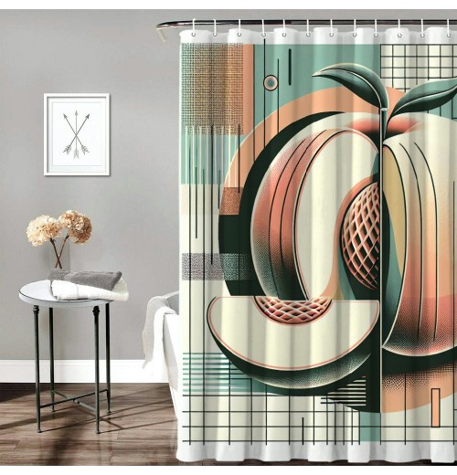 Shangniulu Peach Shower Curtain, Watercolor Painted Look Fruits on Simplistic Geometric Background,  Fabric Bathroom Decor Set with Hooks