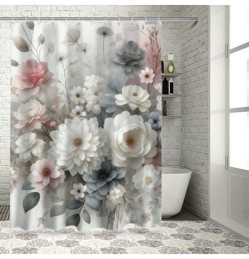 Shangniulu Pink Shower Curtain, Dreamy Huddle of Carnation Flowers with Gentle Petals on Plain Backdrop,  Fabric Bathroom Decor Set with Hooks, 69" W x 70" L, Dark Sea Green Pale Khaki