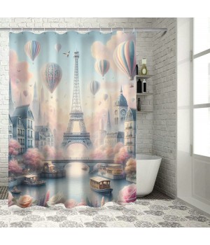 Shangniulu Pink Shower Curtain, Blush Tone Atmosphere Dreamy Paris with Flowers Balloons and Eiffel Tower,  Fabric Bathroom Decor Set with Hooks