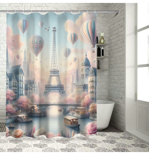 Shangniulu Pink Shower Curtain, Blush Tone Atmosphere Dreamy Paris with Flowers Balloons and Eiffel Tower,  Fabric Bathroom Decor Set with Hooks