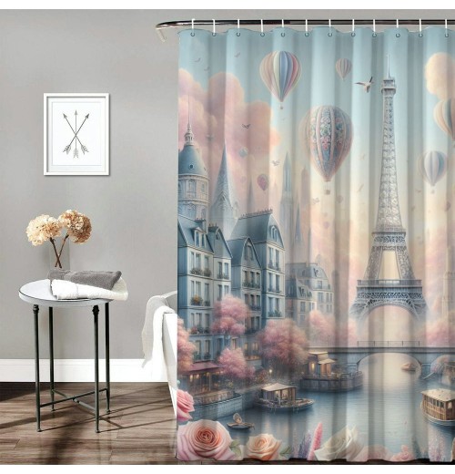 Shangniulu Pink Shower Curtain, Blush Tone Atmosphere Dreamy Paris with Flowers Balloons and Eiffel Tower,  Fabric Bathroom Decor Set with Hooks