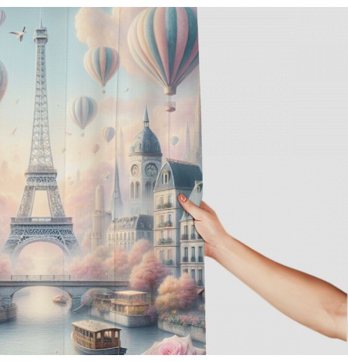 Shangniulu Pink Shower Curtain, Blush Tone Atmosphere Dreamy Paris with Flowers Balloons and Eiffel Tower,  Fabric Bathroom Decor Set with Hooks