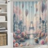 Shangniulu Pink Shower Curtain, Blush Tone Atmosphere Dreamy Paris with Flowers Balloons and Eiffel Tower,  Fabric Bathroom Decor Set with Hooks