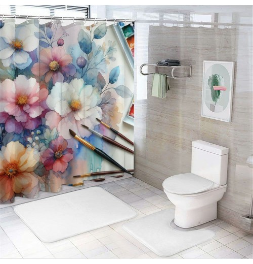 Shangniulu Watercolor Flower Shower Curtain, Summer Flowers in Retro Style Painting Effect Nature is Art,  Fabric Bathroom Decor Set with Hooks