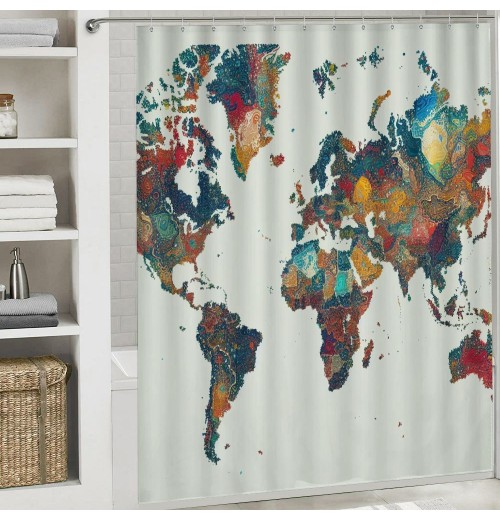 Shangniulu Earth Shower Curtain, Detailed World Map with All Countries Major Capital Cities Universe Continents,  Fabric Bathroom Decor Set with Hooks