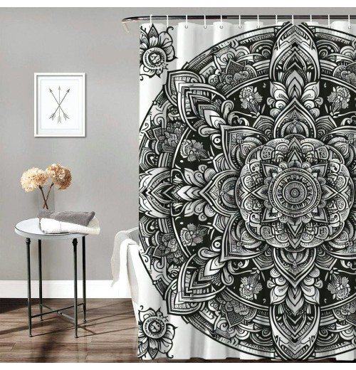 Shangniulu Shower Curtain, Flower Circle Retro Pattern Eastern Universe Theme,  Fabric Bathroom Decor Set with Hooks