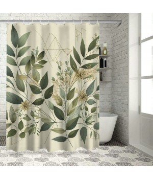 Shangniulu Eucalyptus Leaves Shower Curtain, Modern Minimal Polygonal Shapes Autumn Blooms with Leaf Art,  Fabric Bathroom Decor Set with Hooks