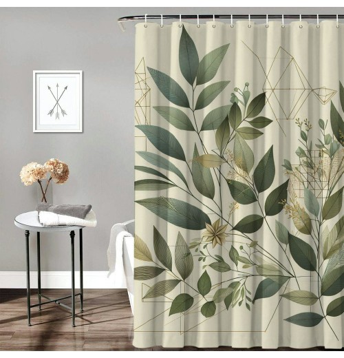 Shangniulu Eucalyptus Leaves Shower Curtain, Modern Minimal Polygonal Shapes Autumn Blooms with Leaf Art,  Fabric Bathroom Decor Set with Hooks