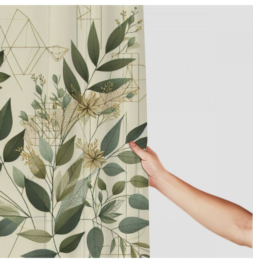 Shangniulu Eucalyptus Leaves Shower Curtain, Modern Minimal Polygonal Shapes Autumn Blooms with Leaf Art,  Fabric Bathroom Decor Set with Hooks