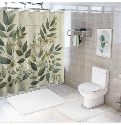 Shangniulu Eucalyptus Leaves Shower Curtain, Modern Minimal Polygonal Shapes Autumn Blooms with Leaf Art,  Fabric Bathroom Decor Set with Hooks