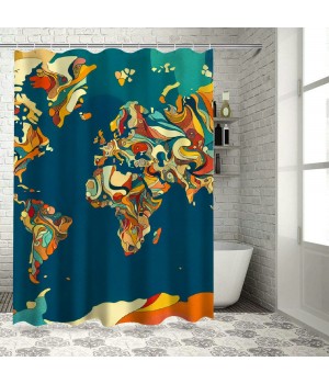 Shangniulu Abstract Map Shower Curtain, Detailed World Map with All Countries Major Capital Cities Universe Continents,  Fabric Bathroom Decor with Hooks