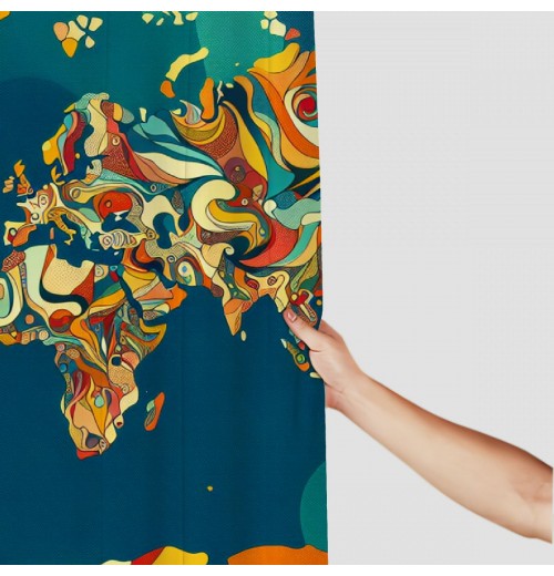 Shangniulu Abstract Map Shower Curtain, Detailed World Map with All Countries Major Capital Cities Universe Continents,  Fabric Bathroom Decor with Hooks