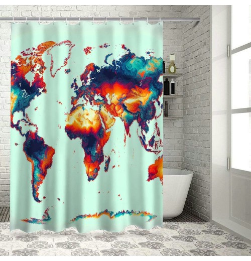 Shangniulu Shower Curtain, Detailed World Map with All Countries Major Capital Cities ,  Fabric Bathroom Decor Set with Hooks