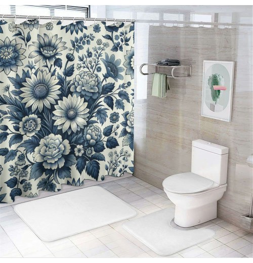 Shangniulu Shower Curtain, Wild Flowering Meadow in Vintage Engraving Style Botanic Art,  Fabric Bathroom Decor Set with Hooks