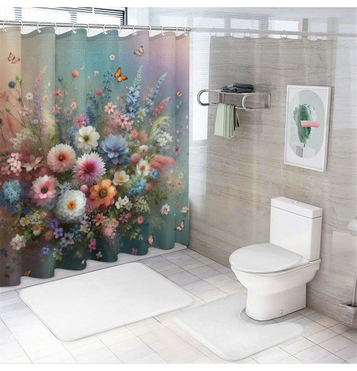 Shangniulu Shower Curtain, Creative Boho Wild Garden Bursting into Flowers Vintage ,  Fabric Bathroom Decor Set with Hooks