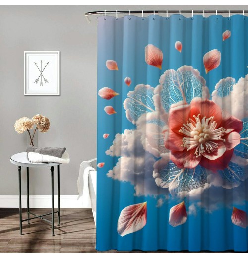 Shangniulu Flower Shower Curtain, Abstract Themed Modern Futuristic Image with Water Like Colored Artwork Print,  Fabric Bathroom Decor Set with Hooks