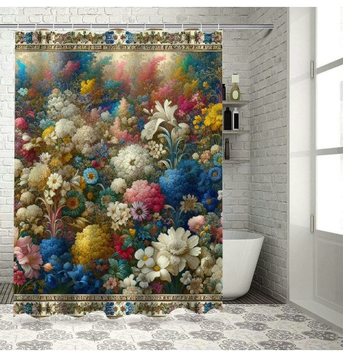 Shangniulu Colorful Flower Shower Curtain, Abstract Themed Modern Futuristic Image with Like Colored Artwork Print,  Fabric Bathroom Decor Set with Hooks