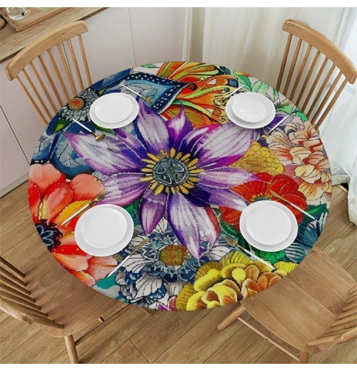 Shangniulu Boho Round Table cover, Beautiful Flowers &amp; Leaves Colorful Print, Great for Buffet Tables, Parties, Holiday Dinners and More