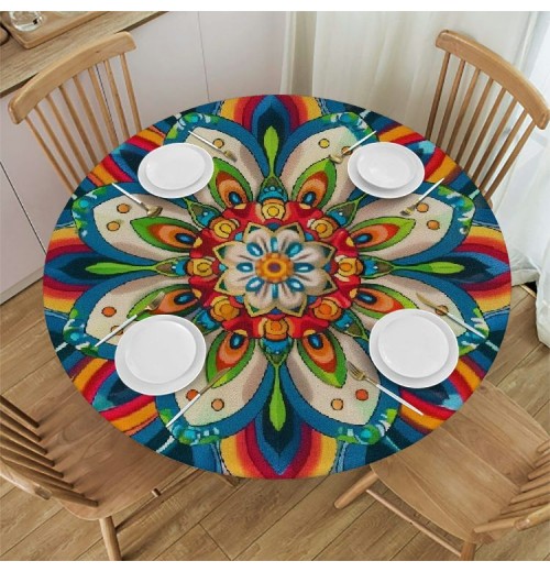 Shangniulu Printing Round Table with Elastic Edge, Abstract Flower Waterproof Design Round Table Cover, Table Decoration 