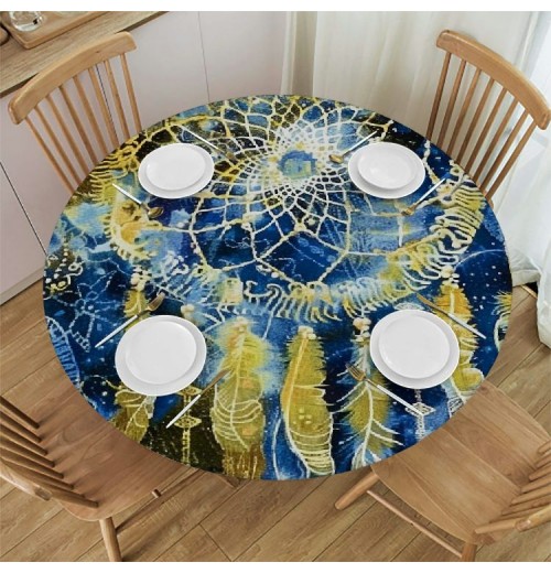 Shangniulu Round Fitted Table, Tribal Art with Lizards and Eagle Style Art, Elastic Edge, Suitable for Dining Tables, self-Service Parties and Camping