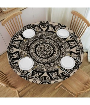 Shangniulu Brown Round Table with Elastic Edge, Abstract Round Designed with Flower Leaves and Elements, Table Decoration 