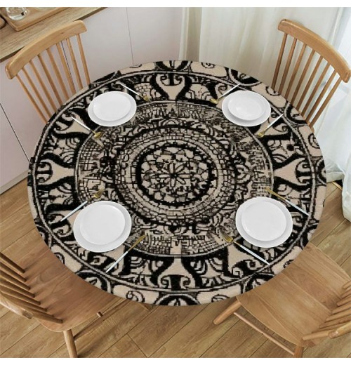 Shangniulu Brown Round Table with Elastic Edge, Abstract Round Designed with Flower Leaves and Elements, Table Decoration 