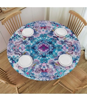 Shangniulu Round Table with Elastic Edge, Medallion Design Floral Patterns and Leaves Boho Style Prints Table cover,for Restaurant Kitchen Parties