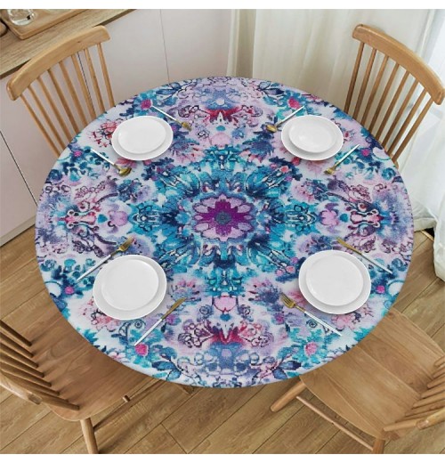 Shangniulu Round Table with Elastic Edge, Medallion Design Floral Patterns and Leaves Boho Style Prints Table cover,for Restaurant Kitchen Parties