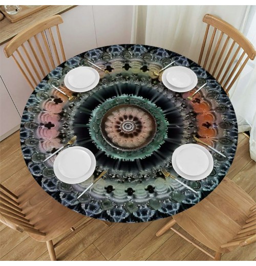 Shangniulu Round Fitted Table, Vintage with Lines Path of Soul Inner Peace Energy Cosmos Design, Elastic Edge, Suitable for Wedding/Banquet/Restaurant/Party