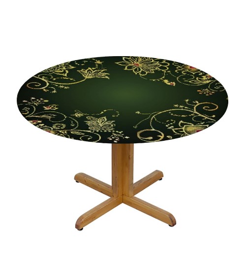 Shangniulu Round Fitted Table, Gold Flowers and Green Background Table Cover, Elastic Edge, Suitable for Wedding/Banquet/Restaurant/Party