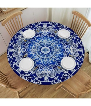 Shangniulu Round Fitted Table, Pattern of Circular Floral and Modern Style Bohemian Swirling Design, Elastic Edge, for Restaurant Kitchen Parties