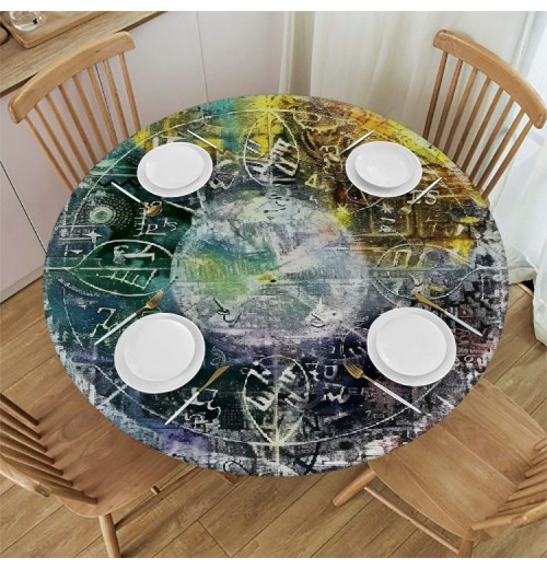 Shangniulu Round Fitted Table, Geometry Element Complex Motifs with Vivid Colors Star Pattern, Elastic Edge, for Dining Tables, self-Service Parties and Camping