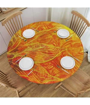 Shangniulu Round Table with Elastic Edge, Motifs Nature Theme with Unique Floral Lines Traditional Art, 3D Printing Design, for Dining Tables, Parties and Camping