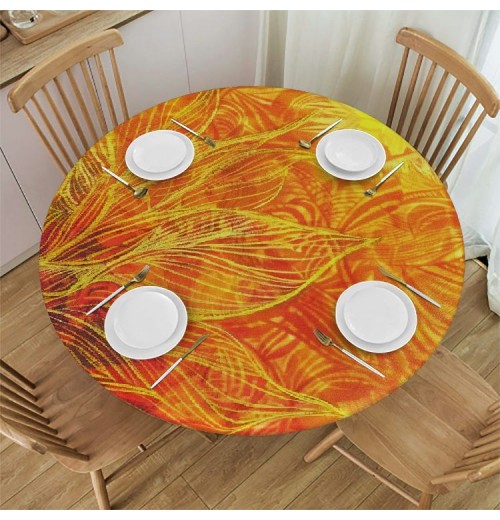 Shangniulu Round Table with Elastic Edge, Motifs Nature Theme with Unique Floral Lines Traditional Art, 3D Printing Design, for Dining Tables, Parties and Camping