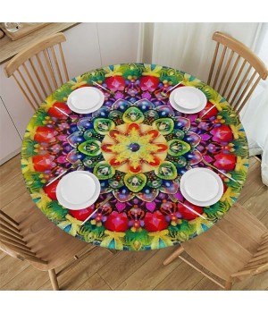 Shangniulu Round Table with Elastic Edge, Arrangement with Geometric Zigzag Shape and Blossoming Flowers Bohemian,for Dining Tables, Parties and Camping