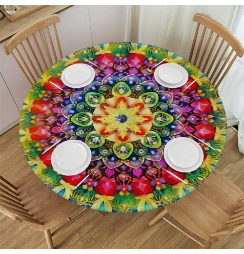 Shangniulu Round Table with Elastic Edge, Arrangement with Geometric Zigzag Shape and Blossoming Flowers Bohemian,for Dining Tables, Parties and Camping